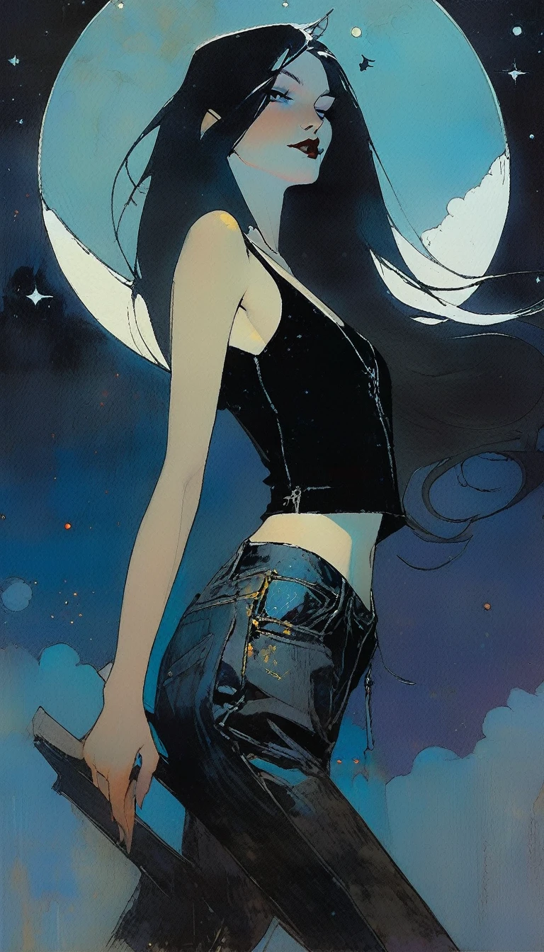 sexy gothic girl, long black straight hair, tight black tank top and jeans, small breasts, pale skin tone, death symbol,magic, fantastic, night sky, moon, stars, background, (simple oil painting in a style to Bill Sienkiewicz)
