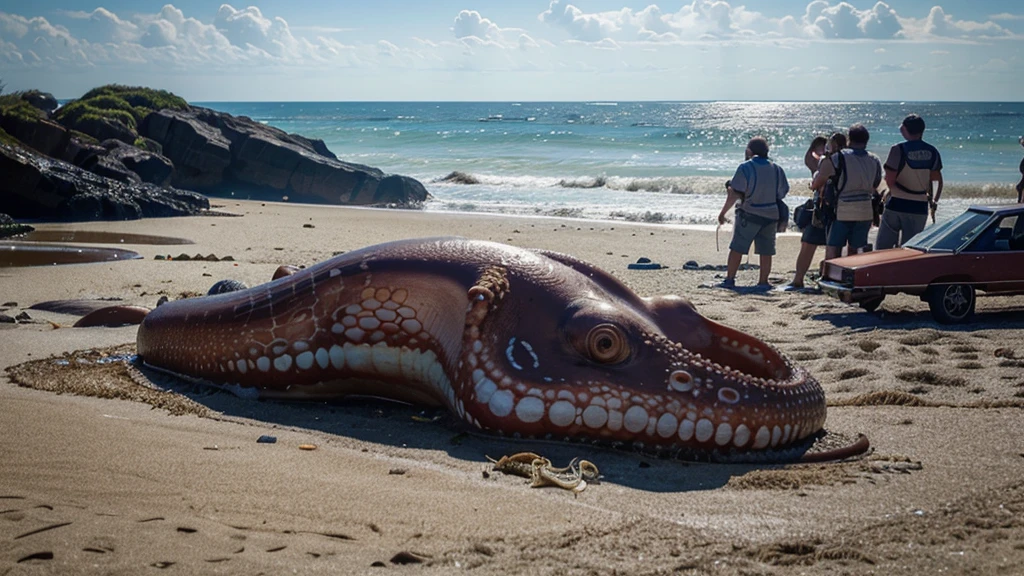 a scene, apparently taken from an old camera, from a distance not too close, ultra realisitic, where it shows a giant realistic octopus dead and stranded on a beach, hundreds of curious people surround him.