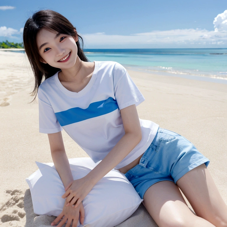 Japanese、18 year old girl、Very slim、((Smiling))、Summer clothing、Blue sky、White cloud、blue sea、White sand beach、T-Shirts、Shorts