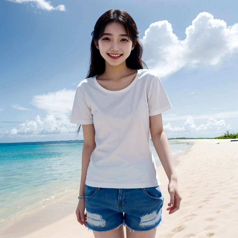 Japanese、18 year old girl、Very slim、((Smiling))、Summer clothing、Blue sky、White cloud、blue sea、White sand beach、T-Shirts、Shorts
