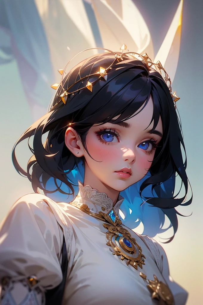 1girl, cute girl, black hair, beautiful detailed eyes, beautiful detailed lips, crystal clear eyes, delicate facial features, cute dress, intricate embroidery, lace and ribbons, elegant and charming, masterpiece, best quality, 8k, high resolution, photorealistic, cinematic lighting, vibrant colors, dramatic composition, fantasy, ethereal