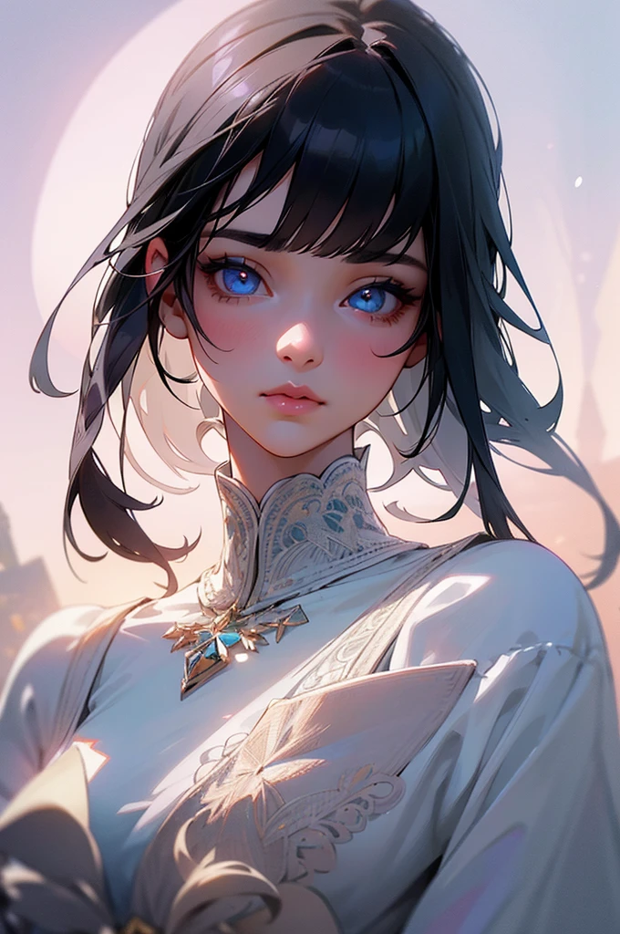 1girl, cute girl, black hair, beautiful detailed eyes, beautiful detailed lips, crystal clear eyes, delicate facial features, cute dress, intricate embroidery, lace and ribbons, elegant and charming, masterpiece, best quality, 8k, high resolution, photorealistic, cinematic lighting, vibrant colors, dramatic composition, fantasy, ethereal
