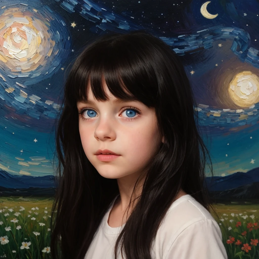 Retraction-up photo, a little 9-year-old goth girl, Blue eyes black hair wearing a white glass, Standing on the ground, night view, Many stars in the night sky, the Milky Way, colorful flowers, Headshot Close -up, oil painting style, Very obvious oil painting traces, impressionist palette style, UHD 32k, Beautiful, 