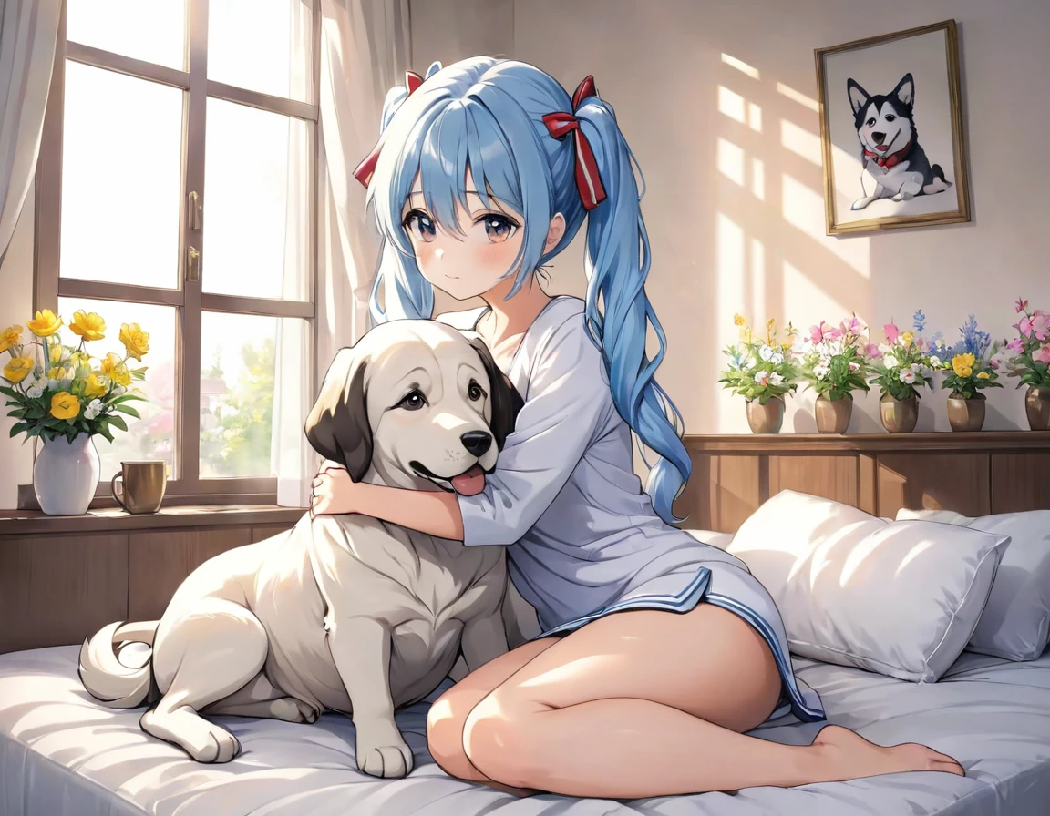 The room is decorated with many margaret flowers..、Margaret flowers on the windowsill、The morning sun is shining、Long light blue hair、beautiful girl with twin tails、Large body pillow、sitting on the bed hugging a big cushion、A dog watches over a beautiful girl.
