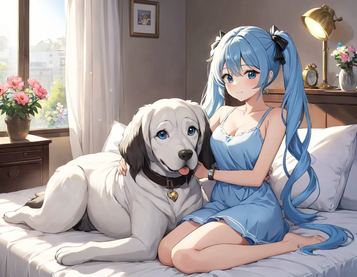 The room is decorated with many margaret flowers..、Margaret flowers on the windowsill、The morning sun is shining、Long light blue hair、beautiful girl with twin tails、Large body pillow、sitting on the bed hugging a big cushion、A dog watches over a beautiful girl.