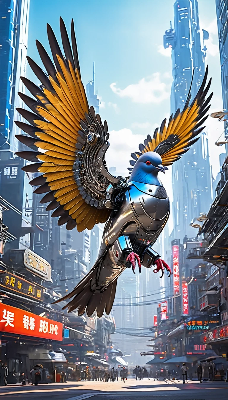 Jet-powered pigeons、Flying Metal Mechanical Pigeon,Futuristic Metal Pigeon,Mechanical pigeon,This pigeon is made entirely from small metal parts.,Exquisite Mechanical Wings,Metal feathers,Precise and intricate design,Very fine texture,Polished steel body,Future city background,Beautiful sci-fi art, Science Fiction Digital Art插画, Digital Cyberpunk Art, sci fi digital painting, Futuristic Digital, Futuristic concept art, In front of a SF cityscape, Science Fiction Digital Art, 先进的Digital Cyberpunk Art