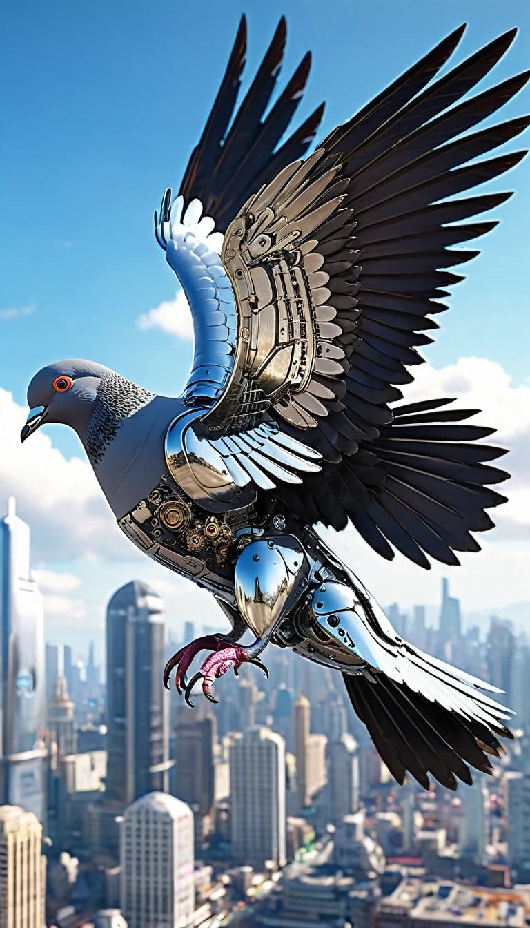 Jet-powered pigeons、Flying Metal Mechanical Pigeon,Futuristic Metal Pigeon,Mechanical pigeon,This pigeon is made entirely from small metal parts.,Exquisite Mechanical Wings,Metal feathers,Precise and intricate design,Very fine texture,Polished steel body,Future city background,Beautiful sci-fi art, Science Fiction Digital Art插画, Digital Cyberpunk Art, sci fi digital painting, Futuristic Digital, Futuristic concept art, In front of a SF cityscape, Science Fiction Digital Art, 先进的Digital Cyberpunk Art