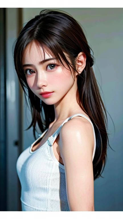 masterpiece, 最high quality, Ultra-high resolution, (Realistic:1.4), Beautiful face in every detail, high qualityの衣類, Amazing European Women, Wearing a white tank top, very cute, Portraiture, 肌が柔らかくてPerfect Face、Perfect Face, Shoot your hair, 8K resolution,Super Realistic,Very detailed,high quality, (Small breasts:1.5), Broad perspective