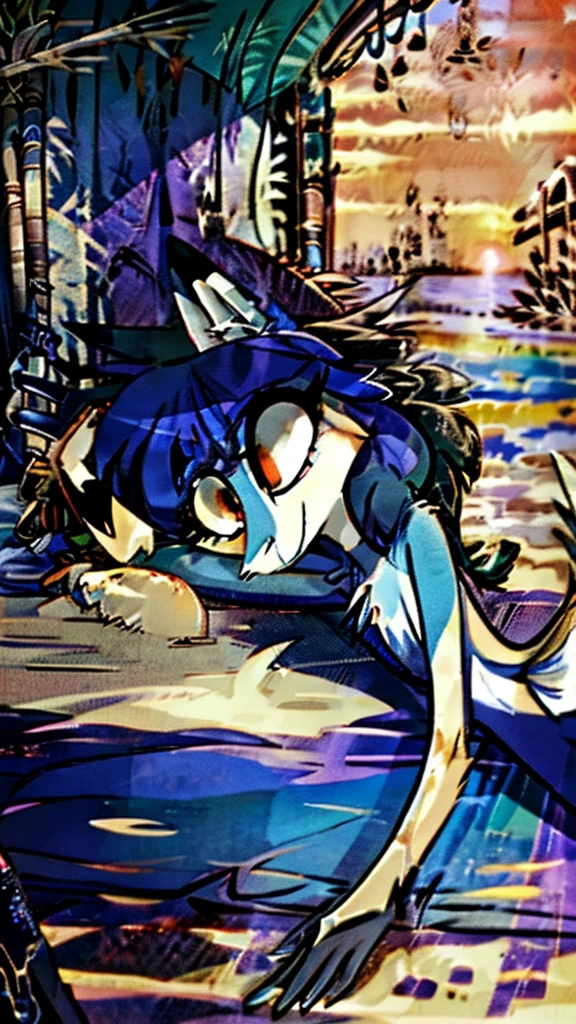 A fox, inspired by rainbowdash from mlp. Sunset background on the beach laying down on the sand, tanning. Clear backgriund and clear face