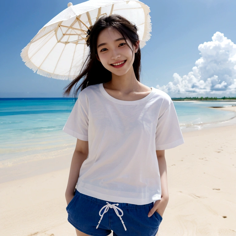 Japanese、18 year old girl、Very slim、((Smiling))、Summer clothing、Blue sky、White cloud、blue sea、White sand beach、T-Shirts、Shorts