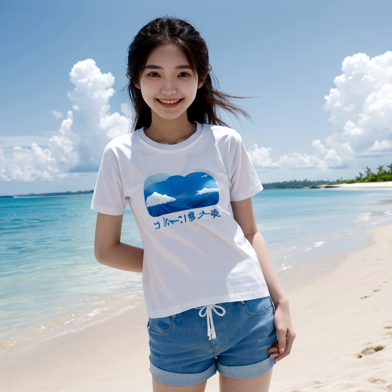 Japanese、18 year old girl、Very slim、((Smiling))、Summer clothing、Blue sky、White cloud、blue sea、White sand beach、T-Shirts、Shorts
