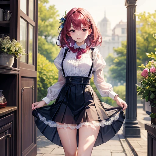 masterpiece, Top-class, A woman wearing a spring dress is making jam, Colored Hair, Outdoor, Sheer short skirt,, suspenders, Light tulle, Wide Hips, Narrow waist, Smooth, soft and delicate skin