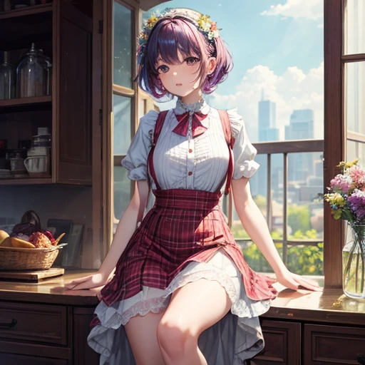 masterpiece, Top-class, A woman wearing a spring dress is making jam, Colored Hair, Outdoor, Sheer short skirt,, suspenders, Light tulle, Wide Hips, Narrow waist, Smooth, soft and delicate skin