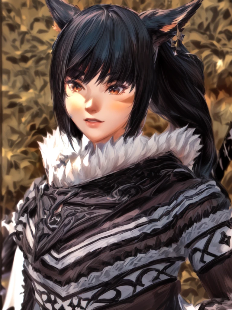 anime character with black hair and a black and white outfit, final fantasy style 14, final fantasy 14 sharp, black hime cropped fur, ffxiv, with monster hunter armor, Final Fantasy 1 4, Final Fantasy XIV, character closeup, character close up, black fire colored reflected armor, inspiration from Li Mei Shu, white bangsblack hair, negro podrias hacer un entorno hermoso