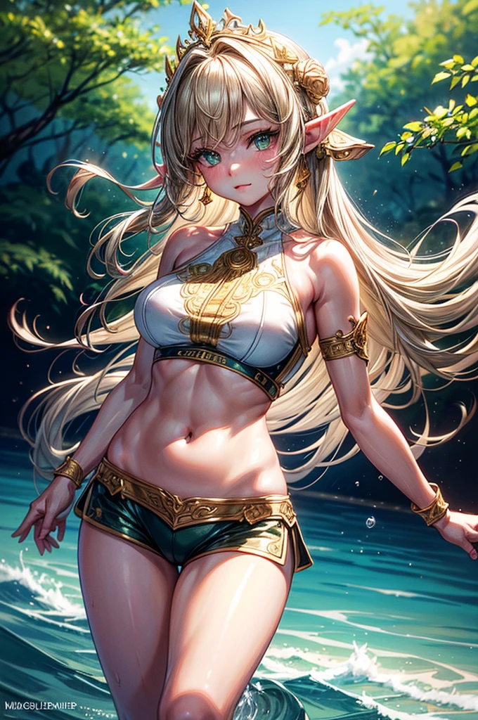 (masterpiece, Highest quality, Highest quality, Official Art, Beautiful blonde、wavy long hair、 Silky Skin、Fishing eyes、Pointy Ears、girl、、Thin arms、Small breasts、Slender upper body、Tight waist、Small hips、Thin thighs、Slim lower body、White micro bikini、Put something on your head、ruins、Cowboy Shot、Full Body Shot、Dancing