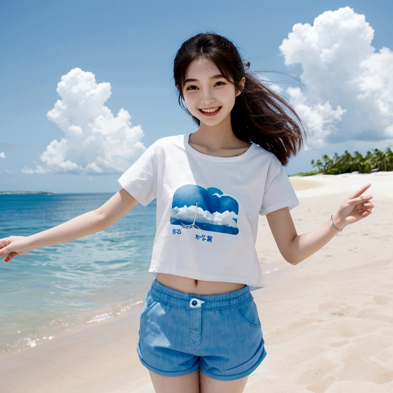 Japanese、18 year old girl、Very slim、((Smiling))、Summer clothing、Blue sky、White cloud、blue sea、White sand beach、T-Shirts、Shorts