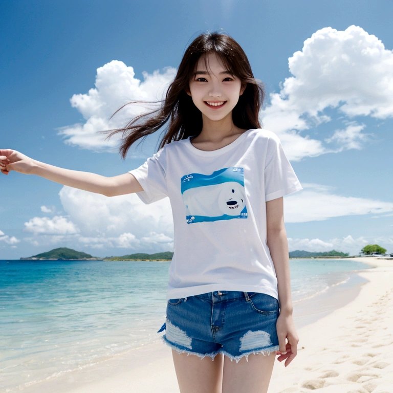 Japanese、18 year old girl、Very slim、((Smiling))、Summer clothing、Blue sky、White cloud、blue sea、White sand beach、T-Shirts、Shorts
