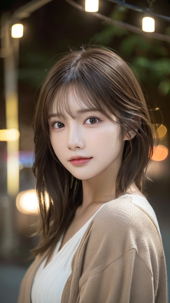 (highest quality,masterpiece:1.3,超A high resolution,),(Very detailed,Caustics),(Photorealistic:1.4,RAW shooting,)Ultra-Realistic Capture,Very detailed,High resolution 16K suitable for human skin、 Natural skin texture、、Skin tone is even and healthy looking、 Use natural light and color,One Woman,Japanese,,cute,brown hair,Middle Hair,(Written boundary depth、chromatic aberration、、Wide range of lighting、Natural Shading、)、(outdoor lights at night:1.4)、(Hair swaying in the wind:1)、short hair、Outward flicked edge