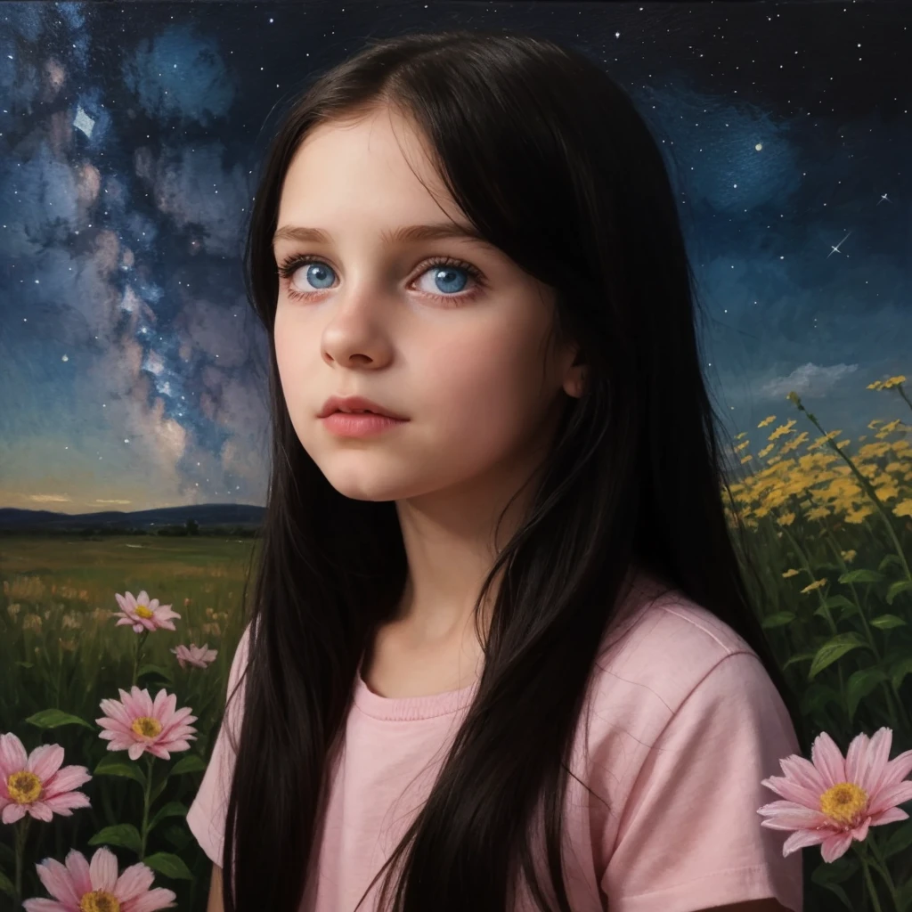 Retraction-up photo, a little 9-year-old goth girl, Blue eyes black hair wearing a white glass, Standing on the ground, night view, Many stars in the night sky, the Milky Way, colorful flowers, Headshot Close -up, oil painting style, Very obvious oil painting traces, impressionist palette style, UHD 32k, Beautiful, 