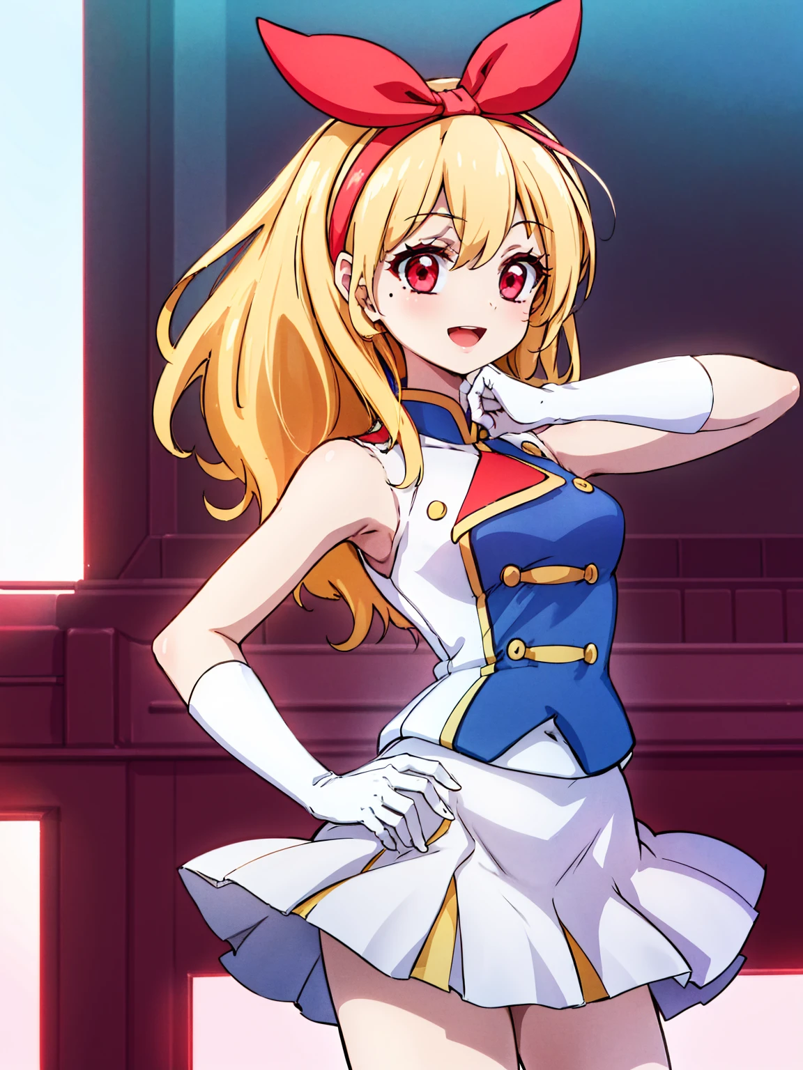 (red ribbon on hairband:1.2),masterpiece, best quality, highres, 1girl, solo, Blonde hair, RED eyes, mole under eye, band uniform, sleeveless, white gloves, pleated skirt, knee boots, cowboy shot, hand on hip, smile, open mouth, outdoors