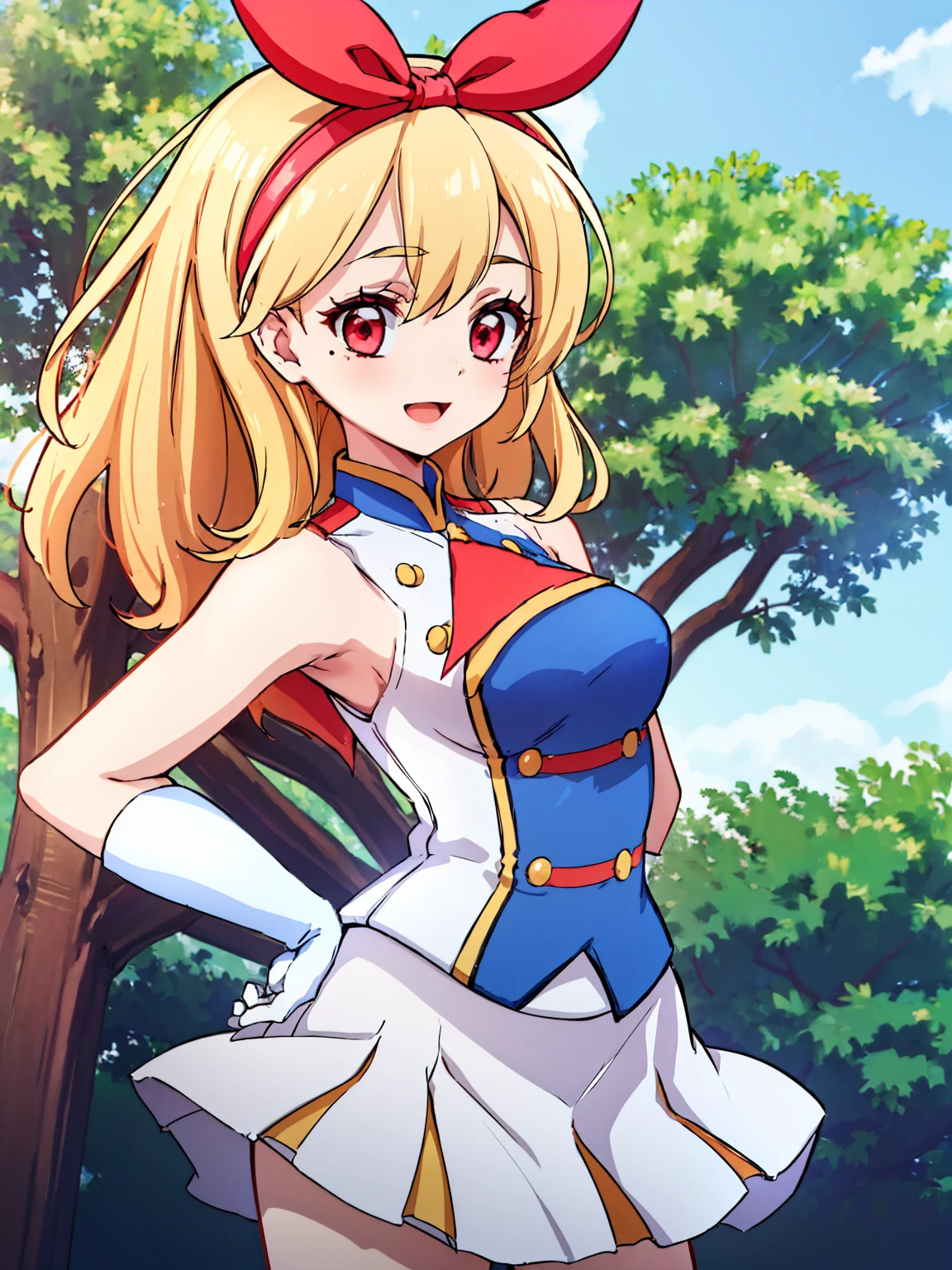 (red ribbon on hairband:1.2),masterpiece, best quality, highres, 1girl, solo, Blonde hair, RED eyes, mole under eye, band uniform, sleeveless, white gloves, pleated skirt, knee boots, cowboy shot, hand on hip, smile, open mouth, outdoors