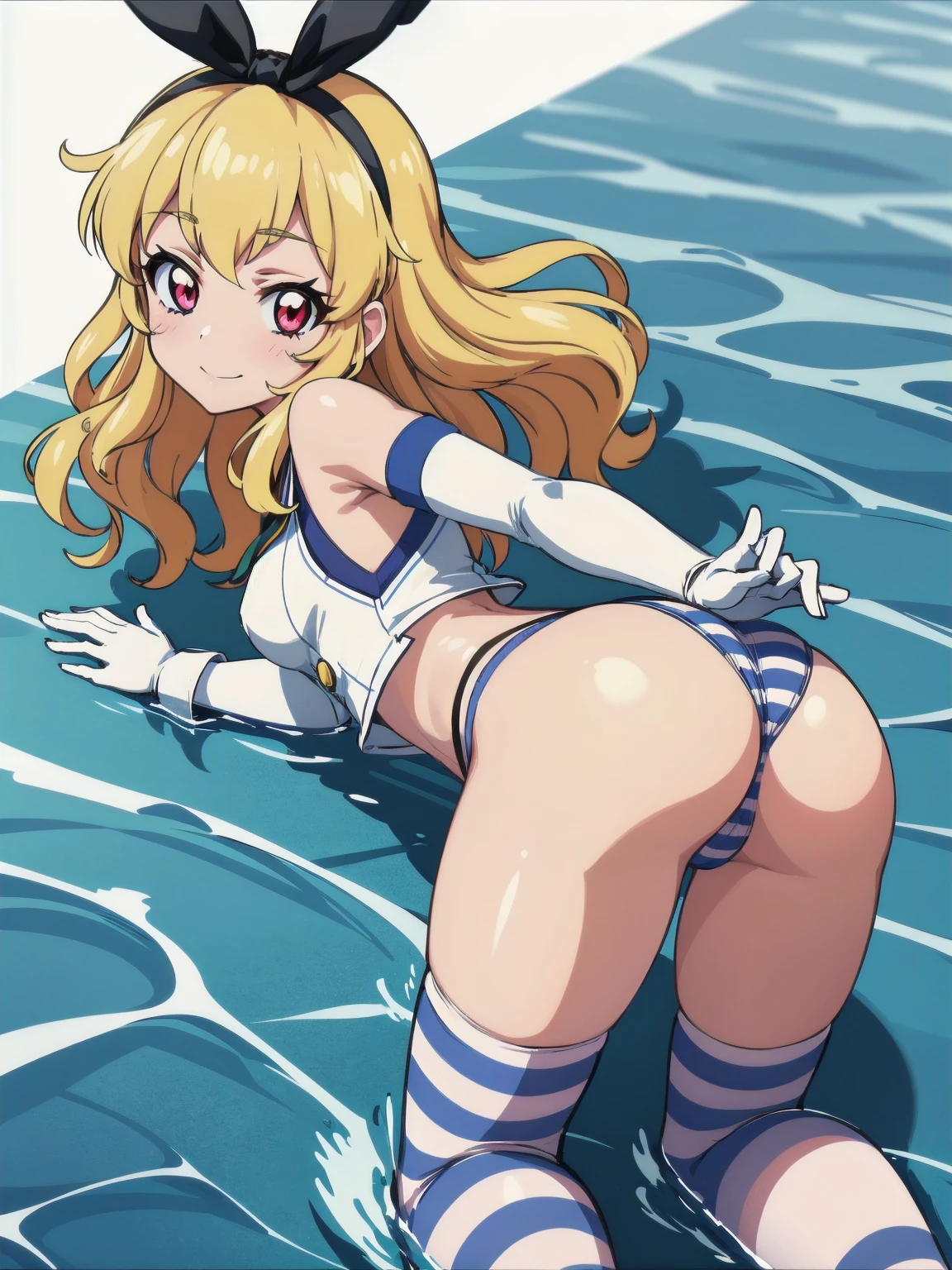 a really well drawn anime sexy woman kneeling on the beach in the water, 1girl, shimakaze (kancolle), gloves, elbow gloves, solo, long hair, thighhighs, ass, top-down bottom-up, white gloves, underwear, panties, striped thighhighs, blonde hair, striped, thong, black panties, jack-o' challenge, highleg panties, hairband,jyojipan, cotton pantie,Ichigo Hoshimiya (Aikatsu!),Lo