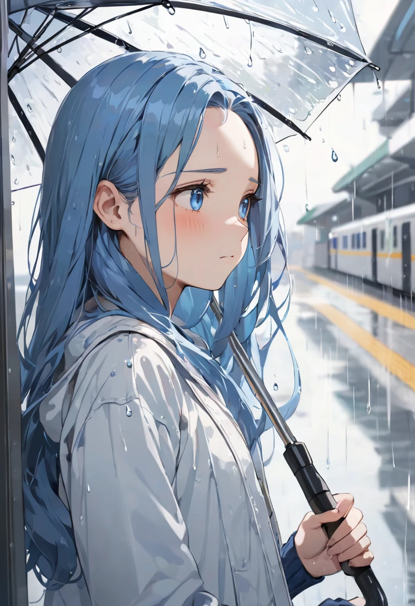 (hard rainy style) (rain:1.4 in the Station entrance), (hand holding a big detailed umbrella), (profile solo:2, 15 yo forehead blue hair long hair lovely girl, cute blue eyes, anxiety face), break, background a rain city, BREAK, perfect anatomy, masterpiece, best quality, 16k, beautiful detailed Raindrop reflection, daydreaming expression.
