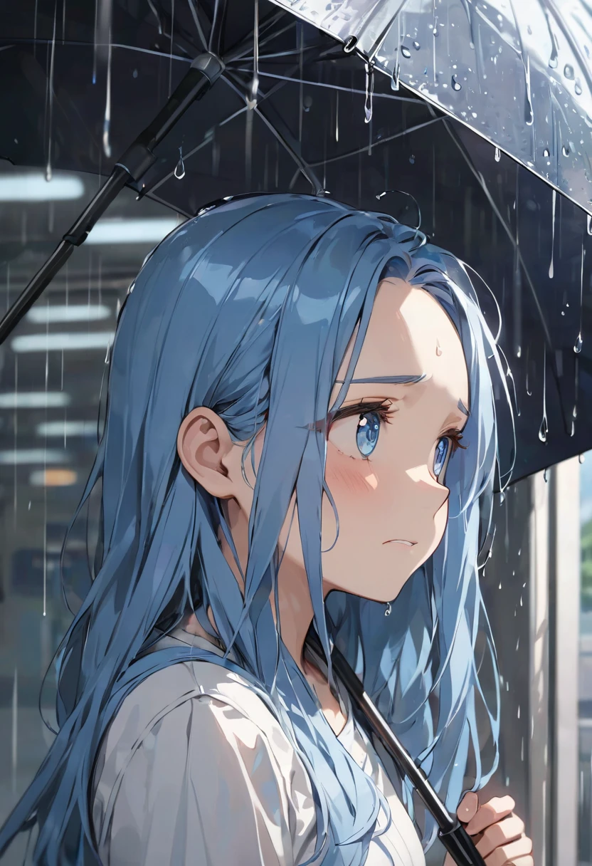 (hard rainy style) (rain:1.4 in the Station entrance), (hand holding a big detailed umbrella), (profile solo:2, 15 yo forehead blue hair long hair lovely girl, cute blue eyes, anxiety face), break, background a rain city, BREAK, perfect anatomy, masterpiece, best quality, 16k, beautiful detailed Raindrop reflection, daydreaming expression.