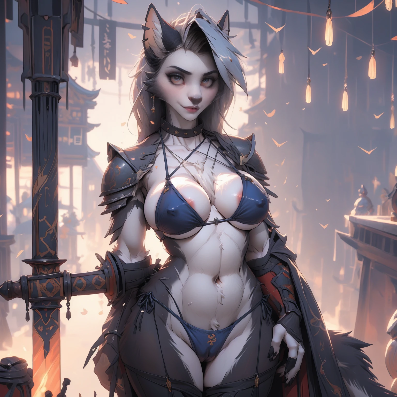 uploaded on e621, explicit content, 3d, (bastika, cutesexyrobutts, hioshiru), female, solo, loona, medieval, armor, armor cruzade, (bikini armor,eropose:1.2), large breasts, natural breasts, milf, standing, three quarters portrait, closeup, Chinese style, glowing sword