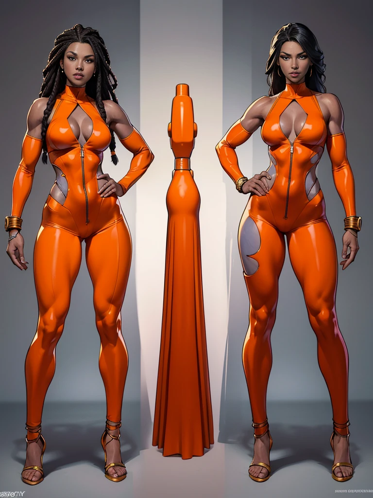 ((character concept art)), ((character design sheet, same character)),(full body view), (adult MILF), Tall stature, little chest, closed mouth, brasilian appearance: brown eyes; brown hair; sharp facial features; dimple on the chin; Straight nose; high nose; pronounced high cheekbones; high forehead, stands upright, oiled skin, plump physique, (gigantic breasts:1.2), wide hips, brasilian butt, huge legs, big tighs, detailed face, ((black bodysuit)).