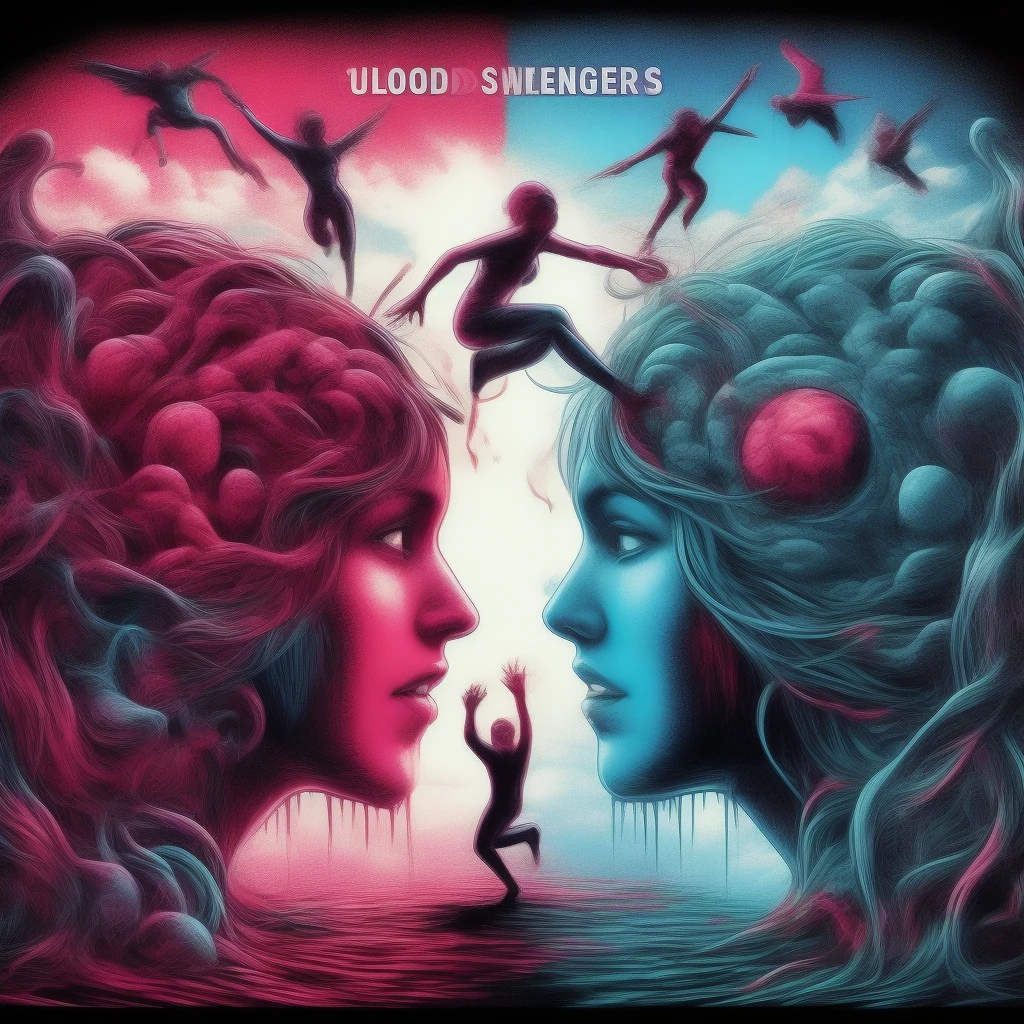 blood scavengers opposite world dream cyan magenta. A fight inside a broken mind. A splendid beautiful trans woman trying to emerge as the future in an astonishing panorama of end times.