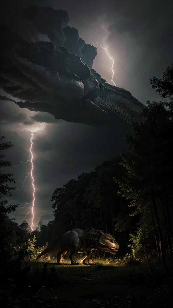a t rex in a forest at night and during a storm. the t rex’s face is lit up by the lightning strike in the background
