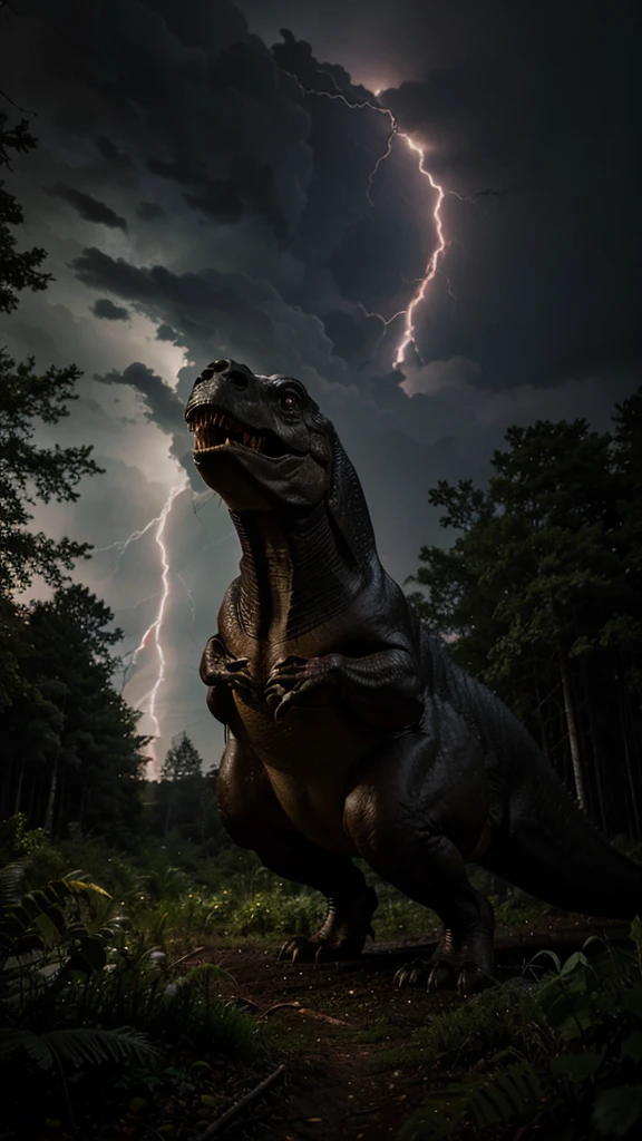 a t rex in a forest at night and during a storm. the t rex’s face is lit up by the lightning strike in the background