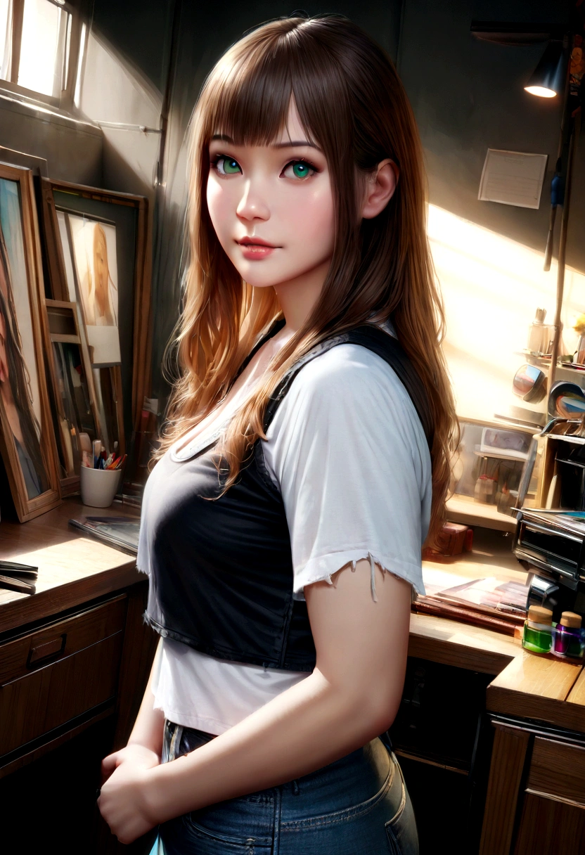 25-year-old woman, wavy brown hair, emerald eyes, wearing a miniskirt and frayed shirt, standing in front of a desk, side view, realistic, photorealistic, photo-realistic:1.37, best quality,4k,8k,highres,masterpiece:1.2,ultra-detailed,HDR,studio lighting,extreme detail description,professional,vivid colors,bokeh,portraits