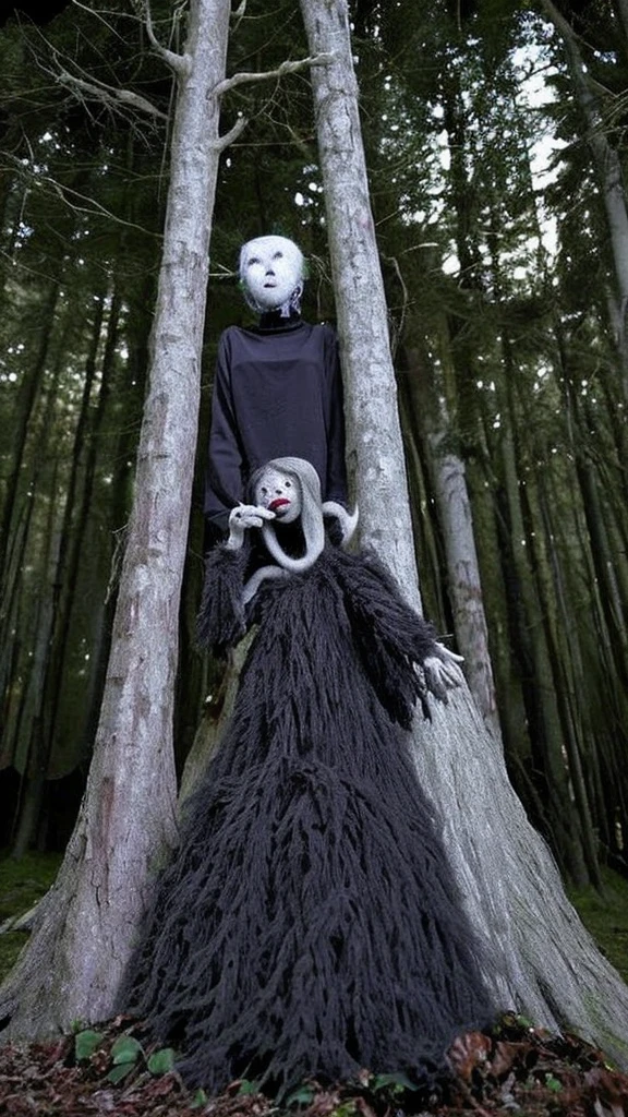 haunted forest, devil tree, horror, ugly doll, old woman mannequin