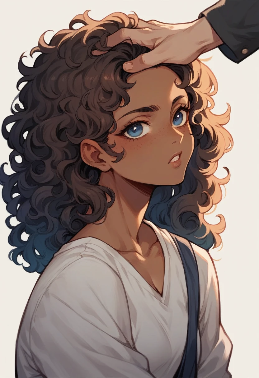 1woman with brown skin and long curly hair and brown eyes with 1man with white skin, straight hair and blue eyes