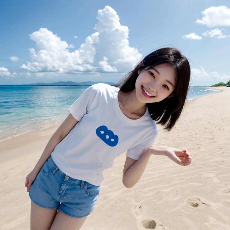Japanese、18 year old girl、Very slim、((Smiling))、Summer clothing、Blue sky、White cloud、blue sea、White sand beach、T-Shirts、Shorts