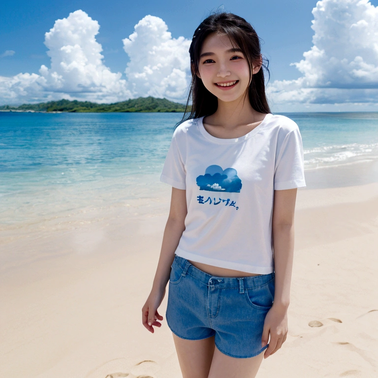 Japanese、18 year old girl、Very slim、((Smiling))、Summer clothing、Blue sky、White cloud、blue sea、White sand beach、T-Shirts、Shorts