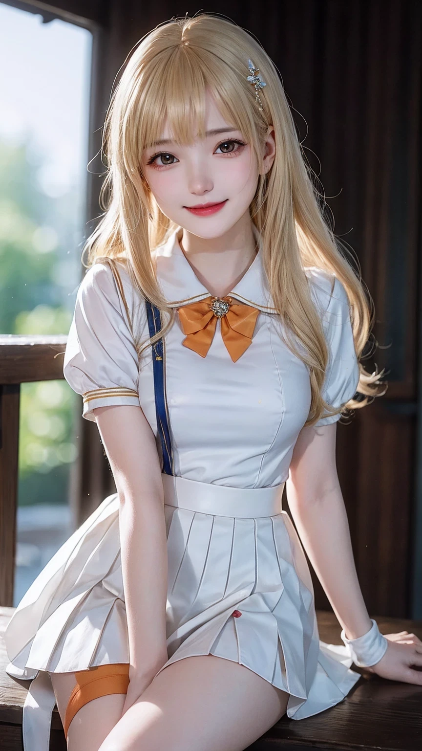 masterpiece, top-quality, A high resolution, SV1, Sailor warrior uniform, one blonde, orangeskirt, Wear gloves on elbows,Elbow woods, tiao, Orange sailor collar, sailorvenus, orange collar, whitegloves, jewely,A smile, Minako Aino,, Skirt cracked, Permanent, white straitjacket,, Gorgeous fabrics, Leather texture, ssmile, Cinema lenses, beautiful ambiance, depth of fields, Manhwa Style, the watercolor style, Flutter, ventania, Wind lift, shinny hair,