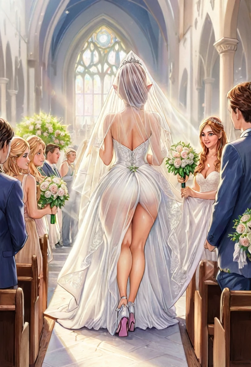 BREAK Perfect Anatomy,(High resolution:1.2),Incredible illustrations(Cute illustrations:1.2)(color pencil drawing:2.5),nsfw(Beautiful background,Inside the church)elf(wedding veil,wedding dress)(beautiful ass)(pussy cum,cum ass),Bride walking down the aisle