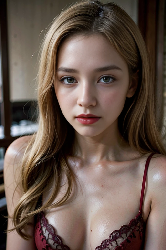 beautiful blonde woman, detailed face, intricate details, high quality, photorealistic, award winning art, dramatic lighting, romantic, warm colors, cinematic composition, blurry background, top model, red lipstick, japan, lingerie