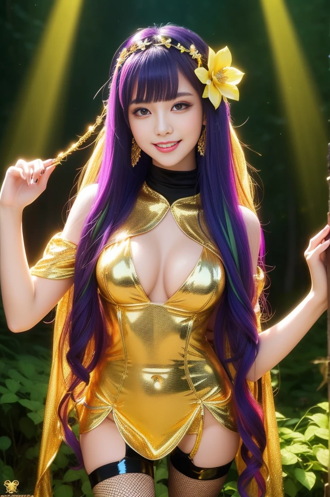 sexy golden princess who controls poison、beautiful smile、lipgloss、long lashes、intense makeup、look at the camera、full body Esbian、、sparkling poisoned flower costume、、、、shiny sparkling multicolor hair、secrete poison、skull hair accessories、fishnet tights、shiny sparkling dark magic forest background
