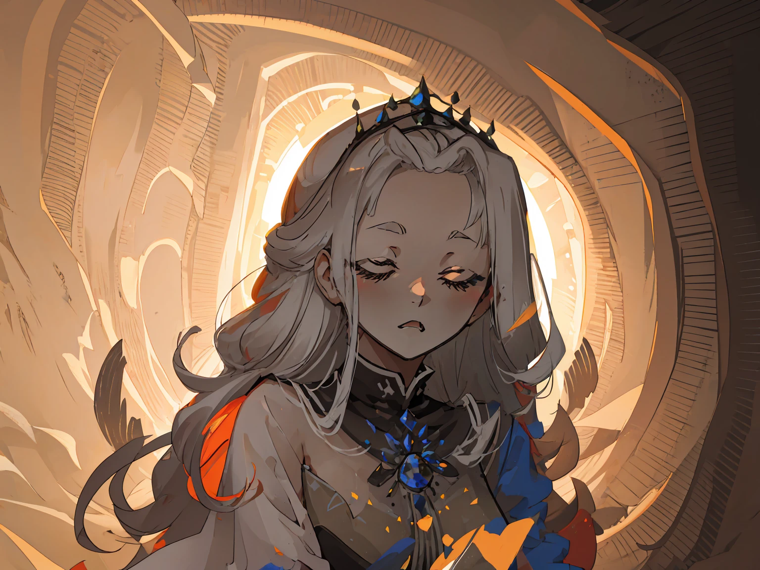 Best quality: 1.0), (Super High Resolution: 1.0), princess, monochrome, close-up, reminiscing, closed eyes (background, cobblestone, prison, medieval)