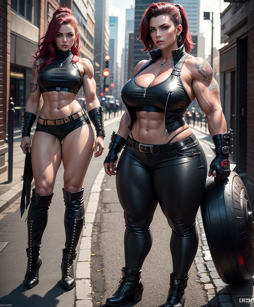 full body shot, Body profile of muscular female bodybuilders - large voluminous female muscles.,wearing an open black leather vest.., tight pants, and heavy boots, She has a punk rock look. Her tattoos all over her body highlight her seasoned character...., Hyper-realistic close-up photo of Scarlet Chase, masterpiece, Best quality, (Photorealistic:1.4), Create dystopian masterpieces. Capture the cityscape in the game&#39;s gritty concept art style.. This work should evoke a feeling of abandonment and despair in a futuristic world., post-apocalyptic peace. Pay attention to subtle details, sharp focus.