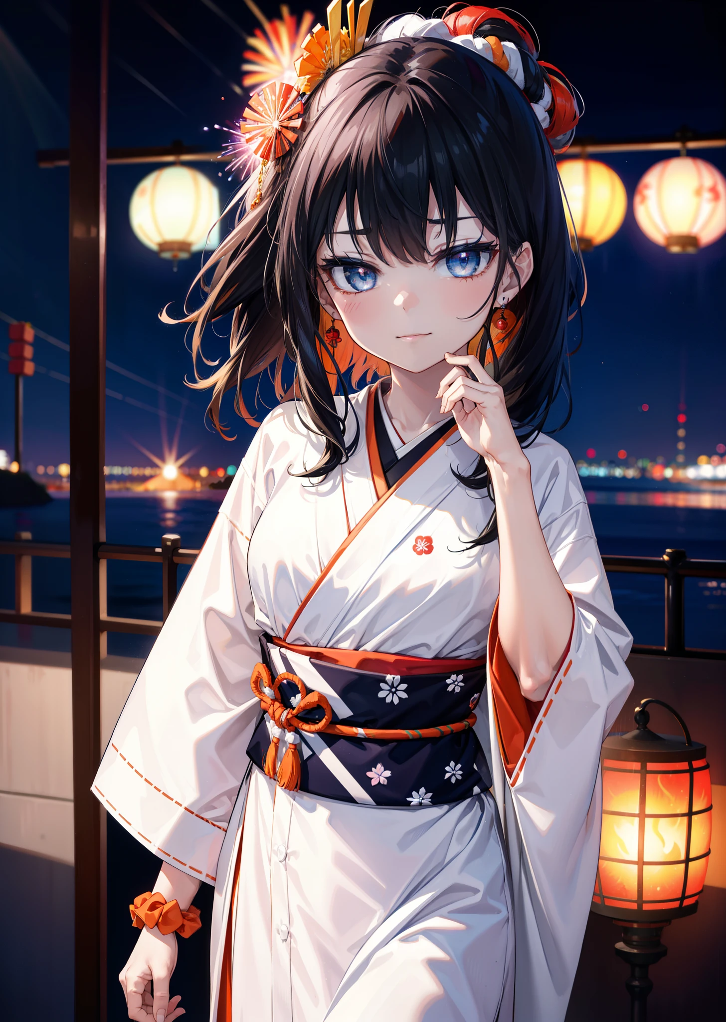 Takada Rokka, Black Hair, blue eyes, Long Hair, orange Scrunchie, Scrunchie, wrist Scrunchie, single hair band,White Kimono,Thick sleeves,日本のfestival,夏festivalの屋台,Red lantern,happy smile, smile, Open your mouth,Fireworks,The place is a fireworks display、Time is night,Walking,So that the whole body goes into the illustration,
break outdoors, festival,
break looking at viewer,Upper Body,(Cowboy Shot:1. 5),
break (masterpiece:1.2), Highest quality, High resolution, unity 8k wallpaper, (shape:0.8), (Fine and beautiful eyes:1.6), Highly detailed face, Perfect lighting, Highly detailed CG, (Perfect hands, Perfect Anatomy),