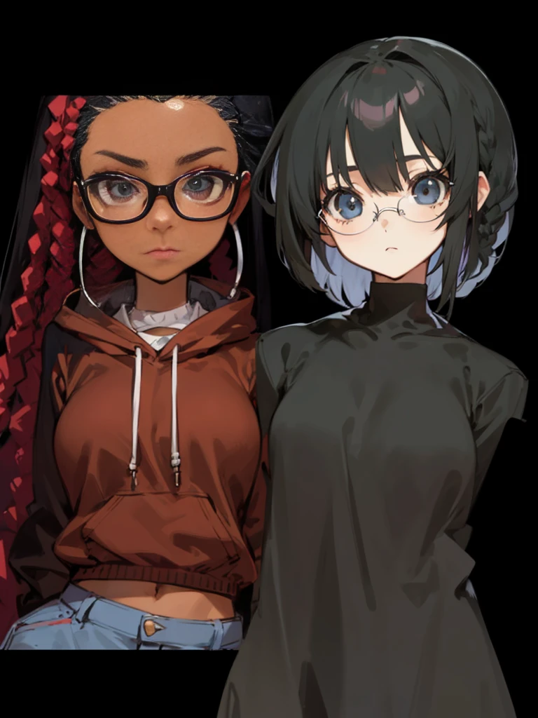2 girls, friends, two anime characters with glasses and a hoodie, black anime manga girl, in an anime style, semirealistic anime style, black hime cut hair, braids