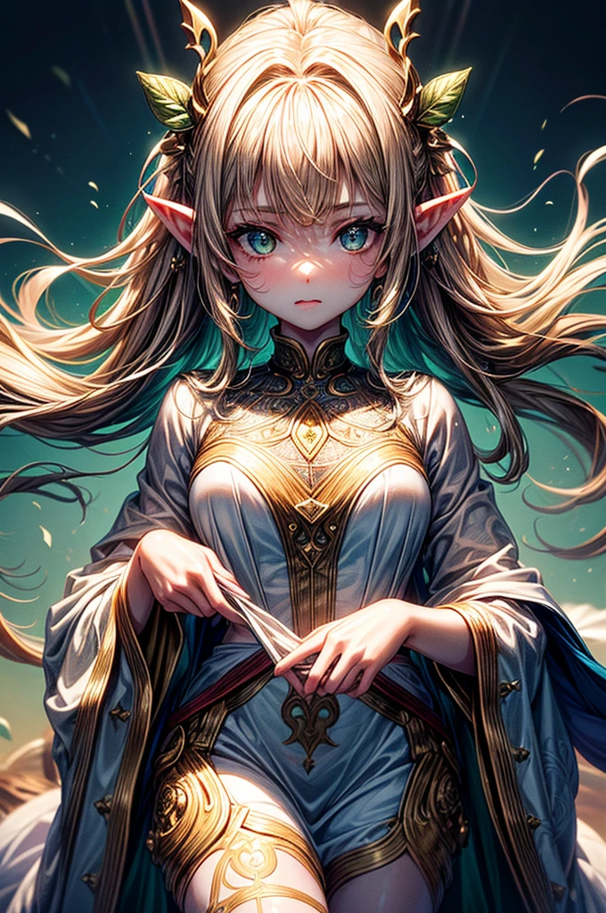 ((highest quality)),(ultra high resolution),(Super detailed),(detailed description),((best CG)),(best work of art),super precision art, great drawing art,(Art with precise details:1.5), (1 young girl:1.5), beautiful and well-shaped face:1.5,(Beautiful skin with precise and detailed depiction:1.6),(skillfully weaved leaves adorns her body ),gorgeous, masterpiece, best quality, high-resolution, finely detailed, extremely detailed and beautiful, distinct-image, 1 girl, , solo, soft and cute facial features, big round light green eyes, symmetrical face, plump thick lip, alabaster white skin, short height, slim beautiful body, slim waist, long golden blonde hair, leaf clothing adorns her body, elvish ears