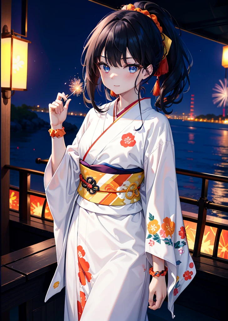 Takada Rokka, Black Hair, blue eyes, Long Hair, orange Scrunchie, Scrunchie, wrist Scrunchie, single hair band,White Kimono,Thick sleeves,日本のfestival,夏festivalの屋台,Red lantern,happy smile, smile, Open your mouth,Fireworks,The place is a fireworks display、Time is night,Walking,So that the whole body goes into the illustration,
break outdoors, festival,
break looking at viewer,Upper Body,(Cowboy Shot:1. 5),
break (masterpiece:1.2), Highest quality, High resolution, unity 8k wallpaper, (shape:0.8), (Fine and beautiful eyes:1.6), Highly detailed face, Perfect lighting, Highly detailed CG, (Perfect hands, Perfect Anatomy),
