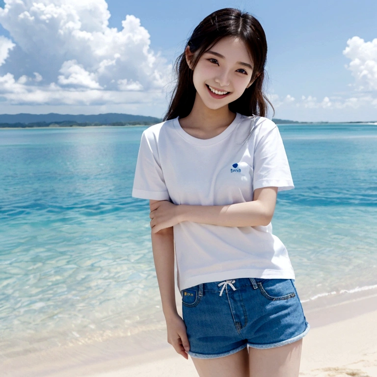 Japanese、18 year old girl、Very slim、((Smiling))、Summer clothing、Blue sky、White cloud、blue sea、White sand beach、T-Shirts、Shorts