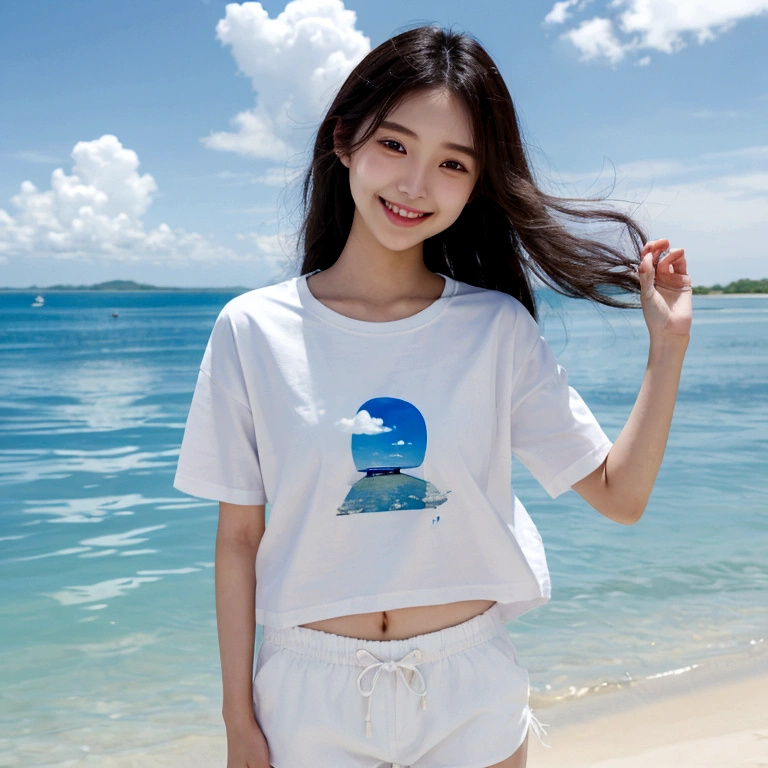 Japanese、18 year old girl、Very slim、((Smiling))、Summer clothing、Blue sky、White cloud、blue sea、White sand beach、T-Shirts、Shorts